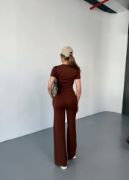 Osy Modal Yumuşak Dokulu Kumaş Kısa Kollu Crop Rahat Pantalon Ikili Takım - Kahverengi resmi